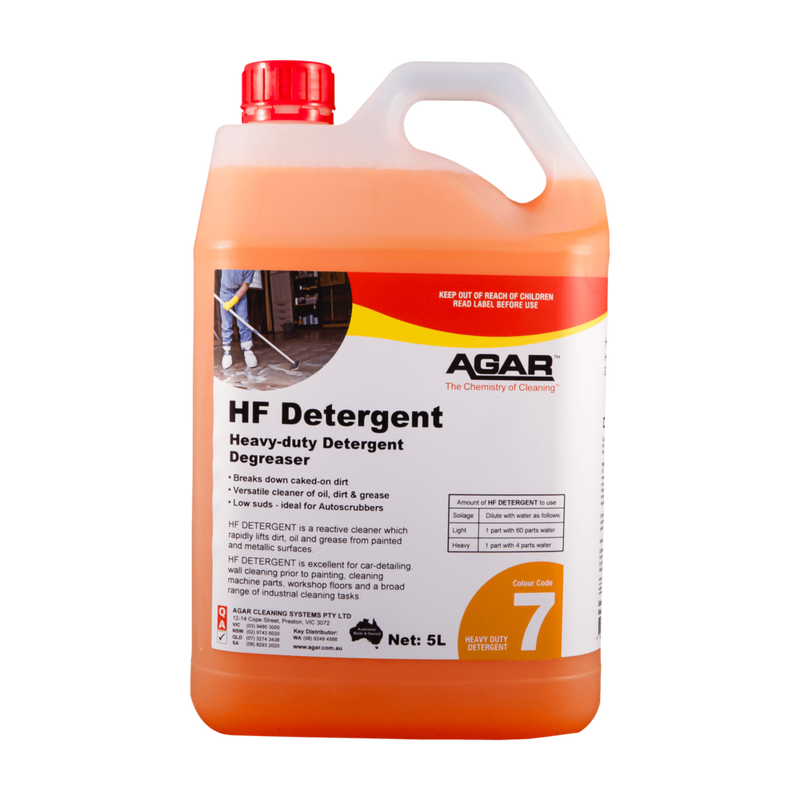 Orange and white container of Agar HF Detergent on a white background