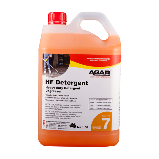 Orange and white container of Agar HF Detergent on a white background