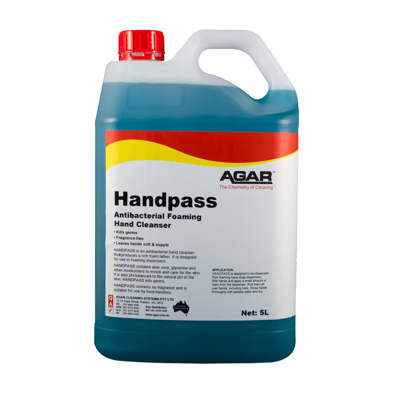 5L container of Agar Handpass Antibacterial Foaming Hand Cleanser on a white background