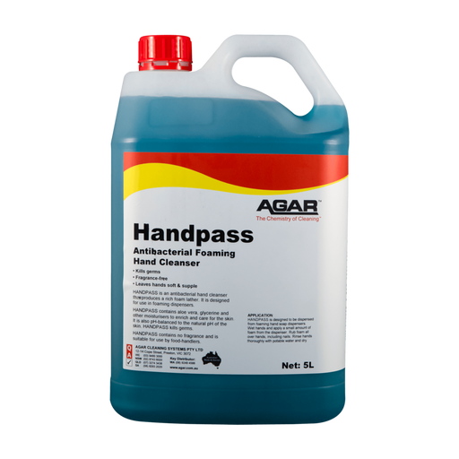 5L container of Agar Handpass Antibacterial Foaming Hand Cleanser on a white background