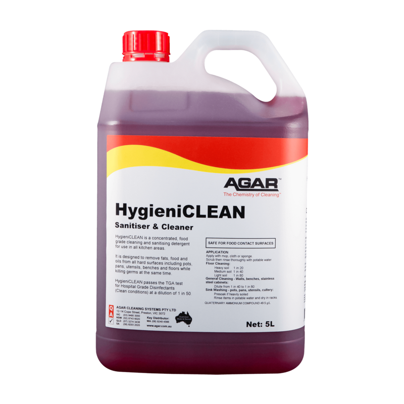 5L container of Agar HygieniCLEAN Sanitiser & Cleaner on a white background