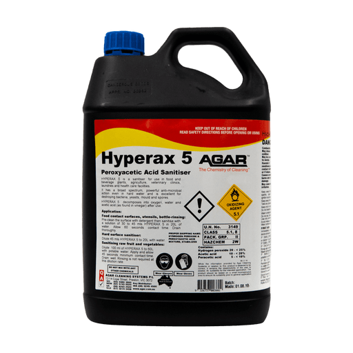 Black container of Hyperax 5 AGAR peroxycetic acid sanitizer with a red label.