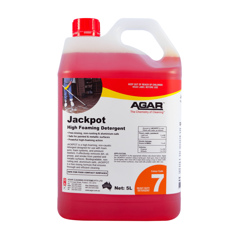 Red and white container of Agar Jackpot High Foaming Detergent on a white background