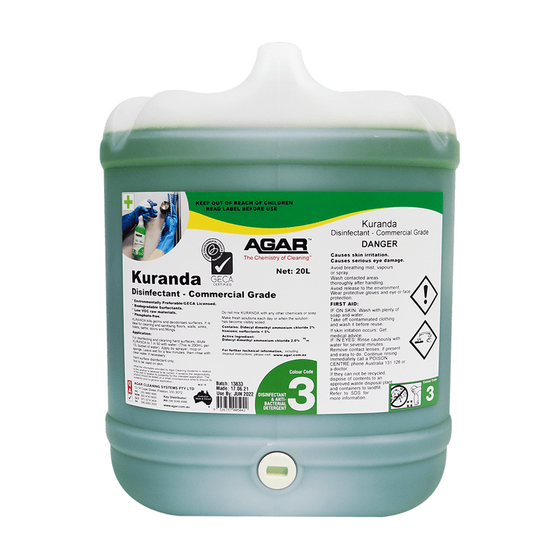 Kuranda Disinfectant container with Agar branding on a black background