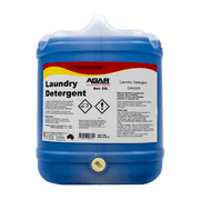 Blue laundry detergent container with Agar label on a white background