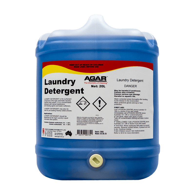 Blue laundry detergent container with Agar label on a white background