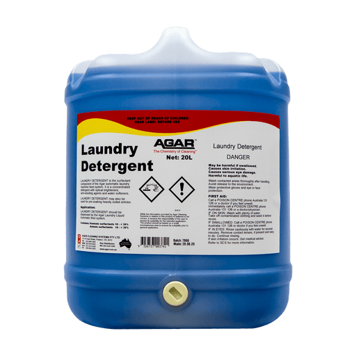 Blue laundry detergent container with Agar label on a white background