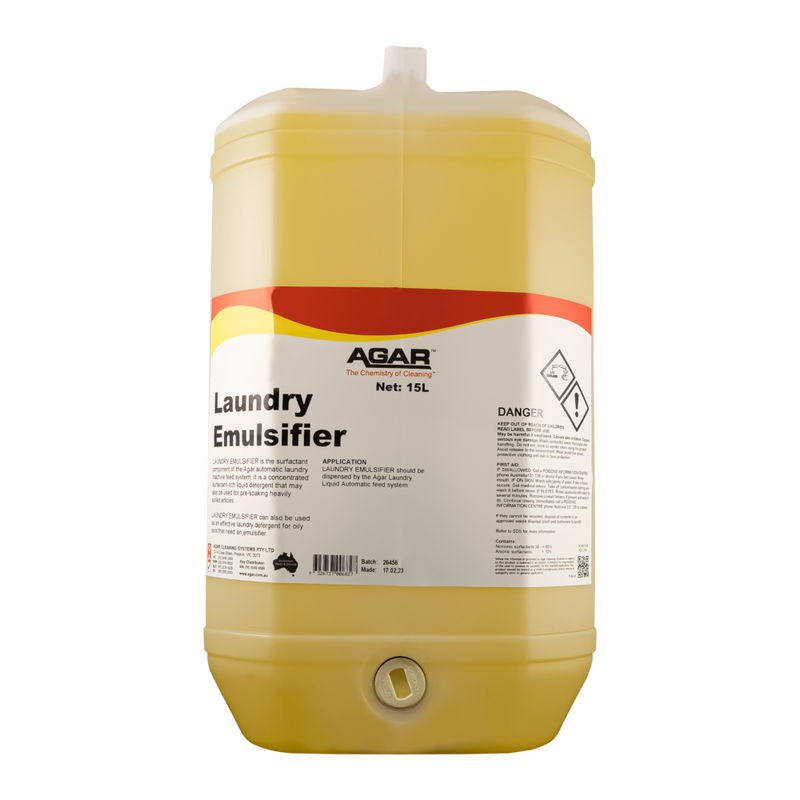 Yellow container of Agar Laundry Emulsifier on a white background