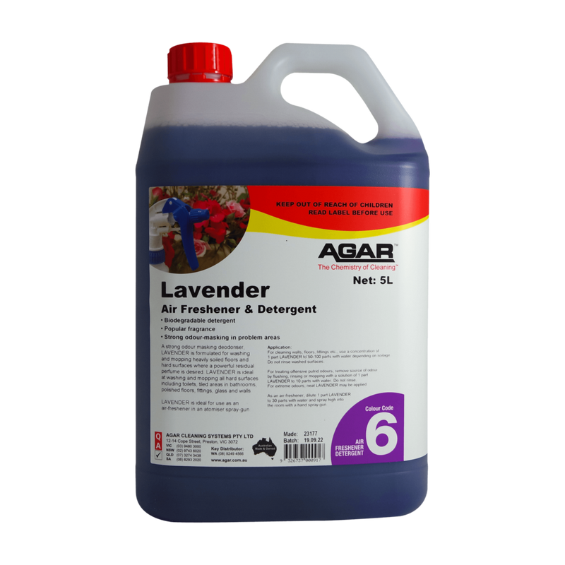 5L container of Agar lavender air freshener and detergent on a white background