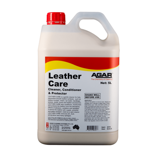 Agar leather care cleaner, conditioner, and protector bottle on a white background