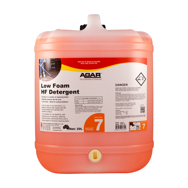 Large container of Agar Low Foam HF Detergent on a white background