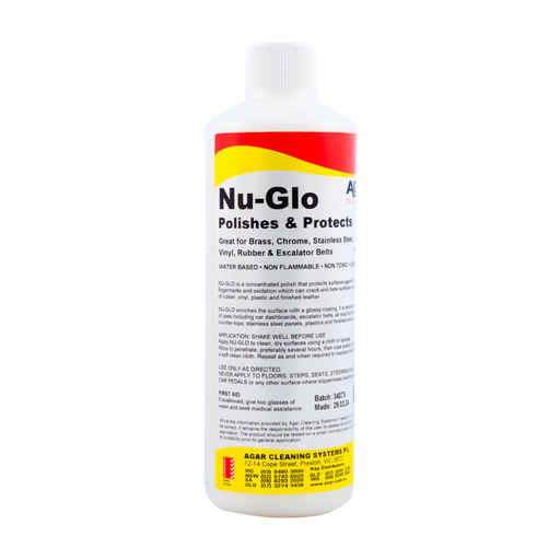 Bottle of Nu-Glo polish and protectant on a white background