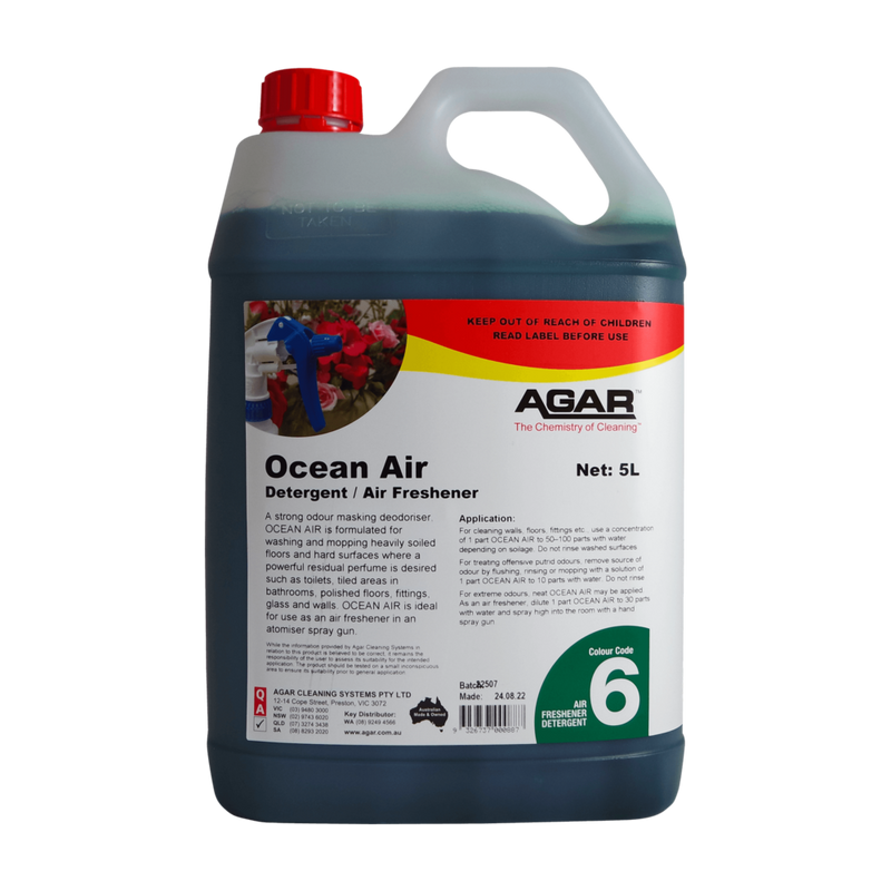 5L container of Agar Ocean Air detergent and air freshener on a white background