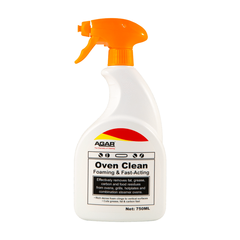 Spray bottle labeled 'Agar Oven Clean' on a beige background