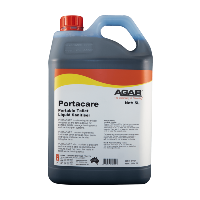 5L container of Agar Portacare Portable Toilet Liquid Sanitiser on a white background