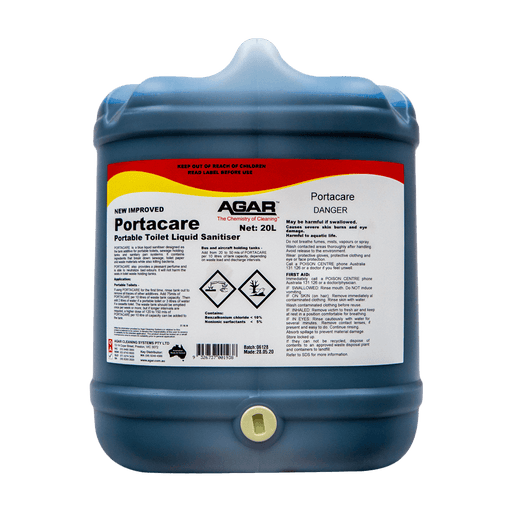 Blue container of Agar Portacare Portable Toilet Liquid Sanitizer on a white background