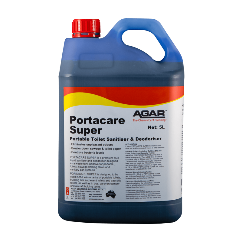 Portacare Super portable toilet sanitiser container with AGAR branding on a white background