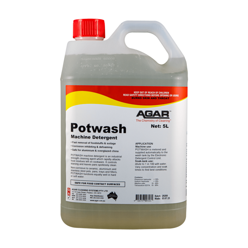 5 liter bottle of Agar Potwash Machine Detergent on a white background