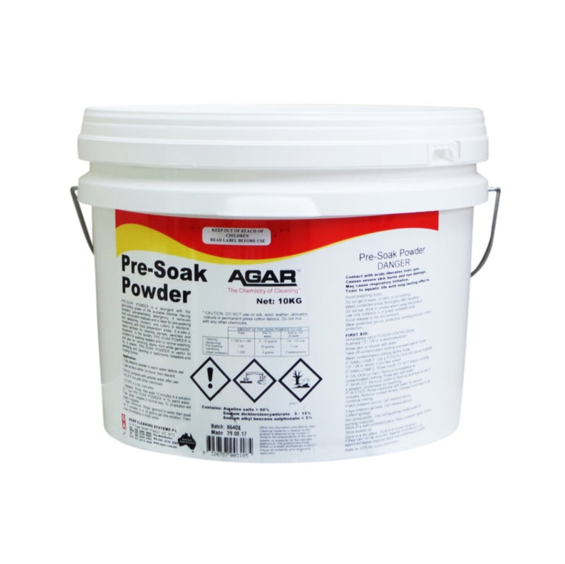 White bucket labeled 'Pre-Soak Powder' by Agar on a white background