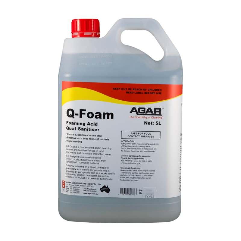 Q-Foam foaming acid quat sanitiser container with red cap on a white background