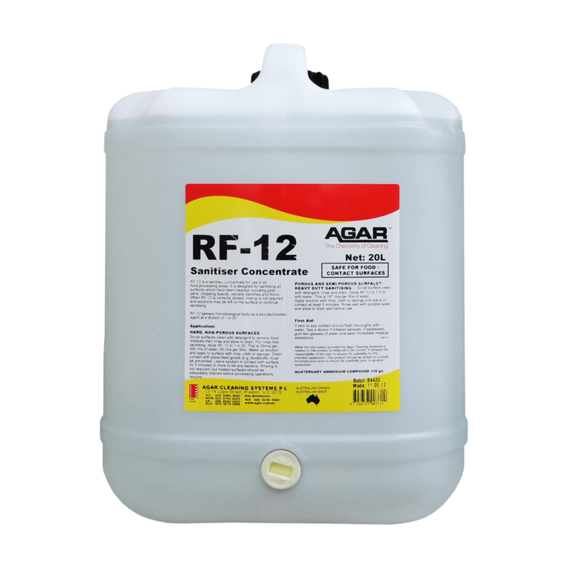 20L container of Agar RF-12 Sanitiser Concentrate on a white background