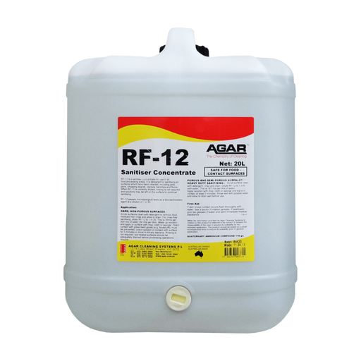 20L container of Agar RF-12 Sanitiser Concentrate on a white background