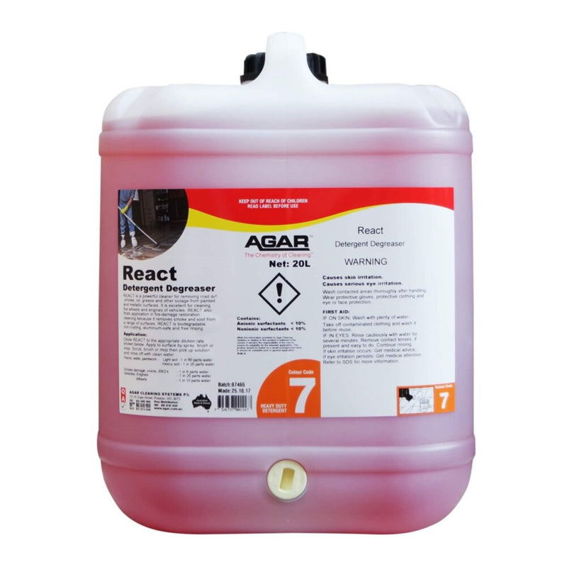 Large container of Agar React Detergent Degreaser on a white background