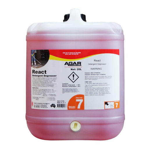 Large container of Agar React Detergent Degreaser on a white background