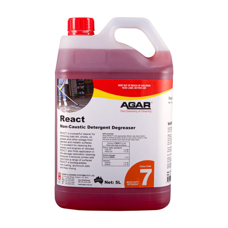 5L bottle of Agar React Non-Caustic Detergent Degreaser on a white background

