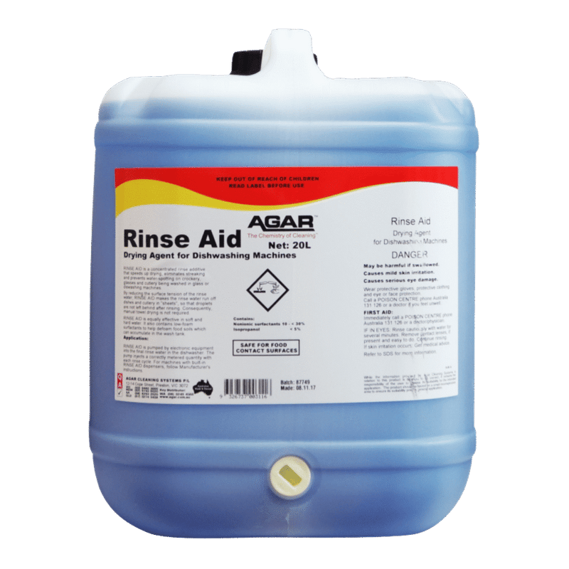 Large container of Agar Rinse Aid on a gray background