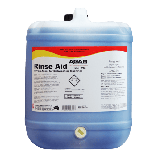 Large container of Agar Rinse Aid on a gray background