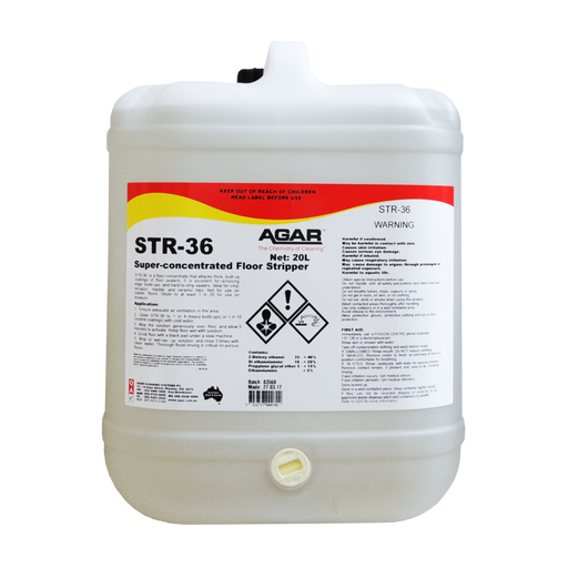 White container of Agar STR-36 floor stripper on a white background