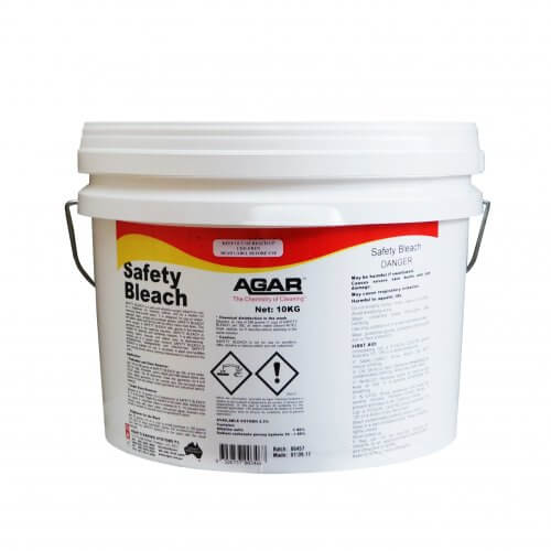 White bucket of Agar Safety Bleach on a white background