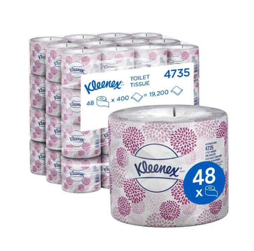 Kleenex toilet tissue rolls with packaging on a white background