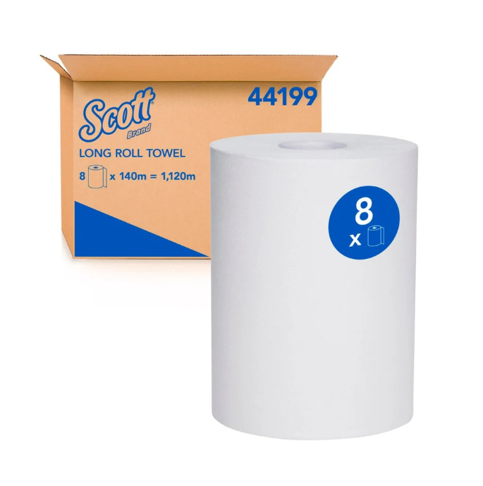 Scott long roll towel with packaging on a white background