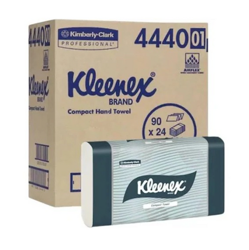 Kleenex compact hand towel packaging with a box and a single roll on a white background
