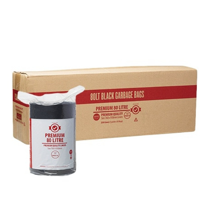 Box of 80 litre garbage bags with a container on a white background