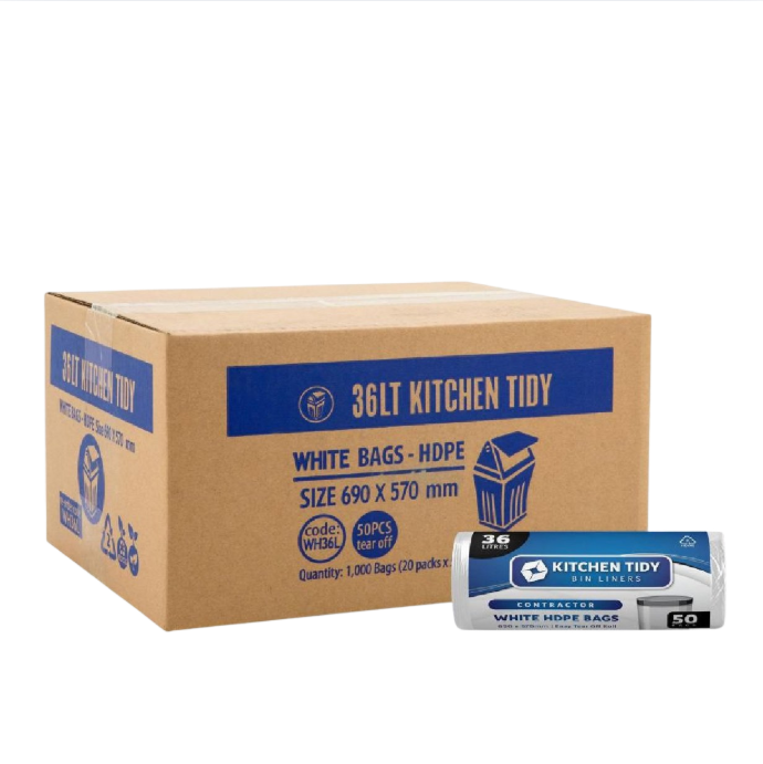 Box of Kitchen Tidy white bags with a smaller bag in front on a white background