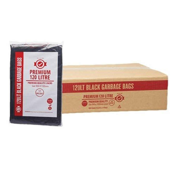 Pack of 120 litre black garbage bags with packaging on a white background
