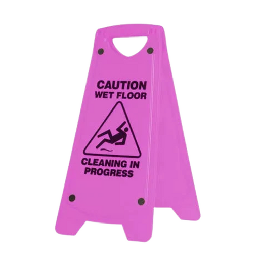 Pink wet floor sign with black text and symbol on a white background