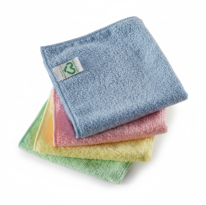 Stack of colorful microfiber cloths with a brand logo on a white background