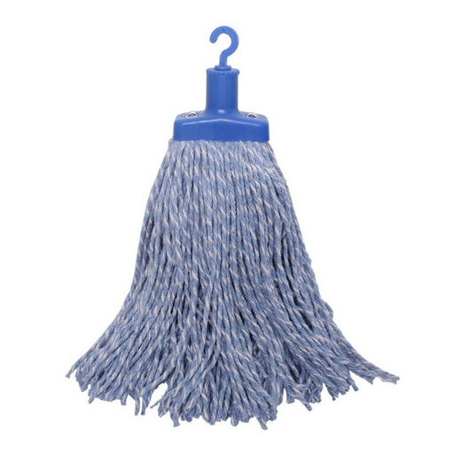 Blue mop head with a blue plastic handle on a white background.