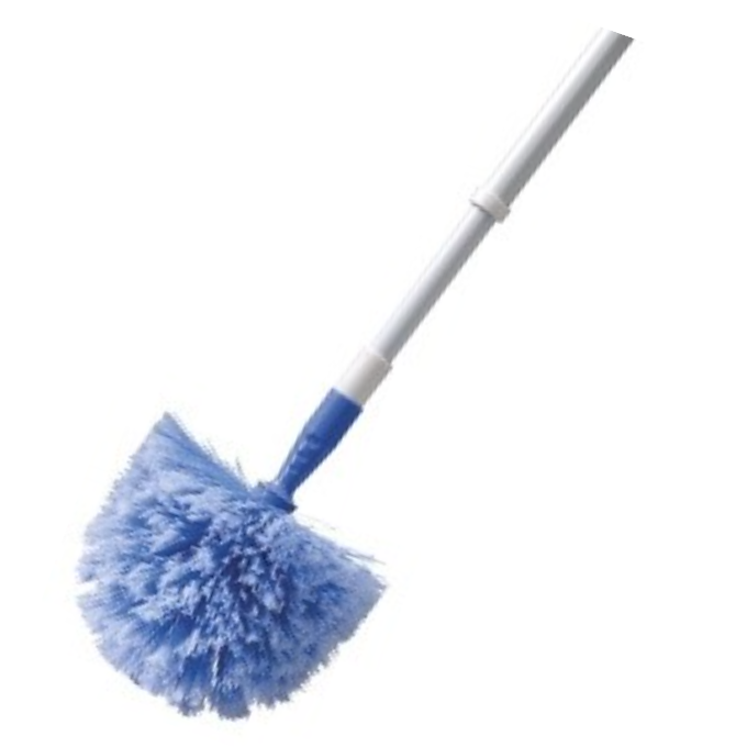 Blue duster with a long handle on a white background