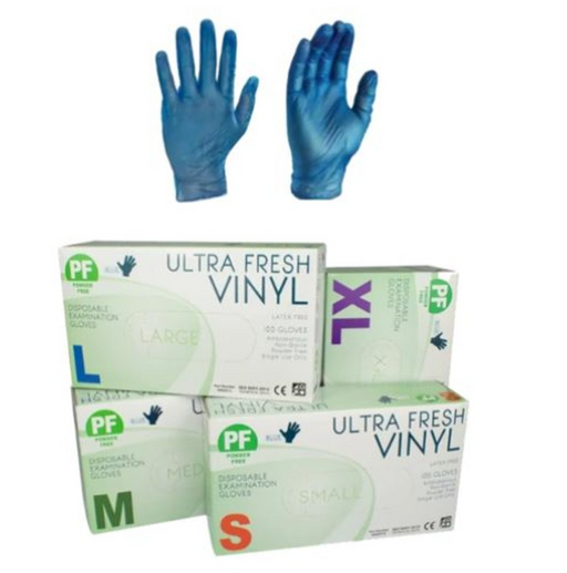 Blue vinyl gloves with Ultra Fresh Vinyl boxes on a white background