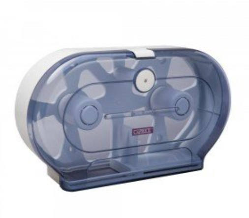 Clear plastic tape dispenser with white accents on a white background