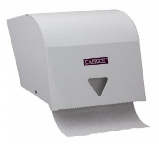 White paper towel dispenser with a roll of paper towels on a white background, featuring the brand 'Caprice'.
