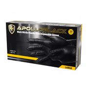 Box of ApolloBlack black nitrile disposable gloves on a white background