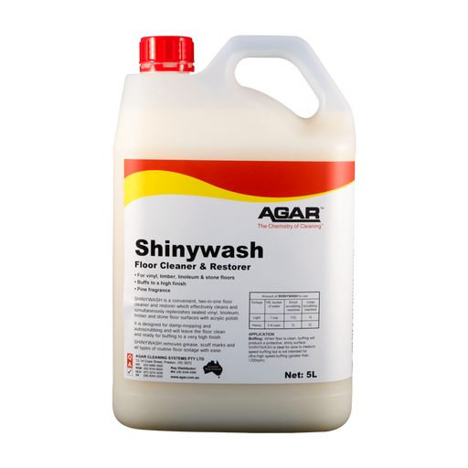 5L bottle of Shinywash floor cleaner and restorer by Agar on a white background