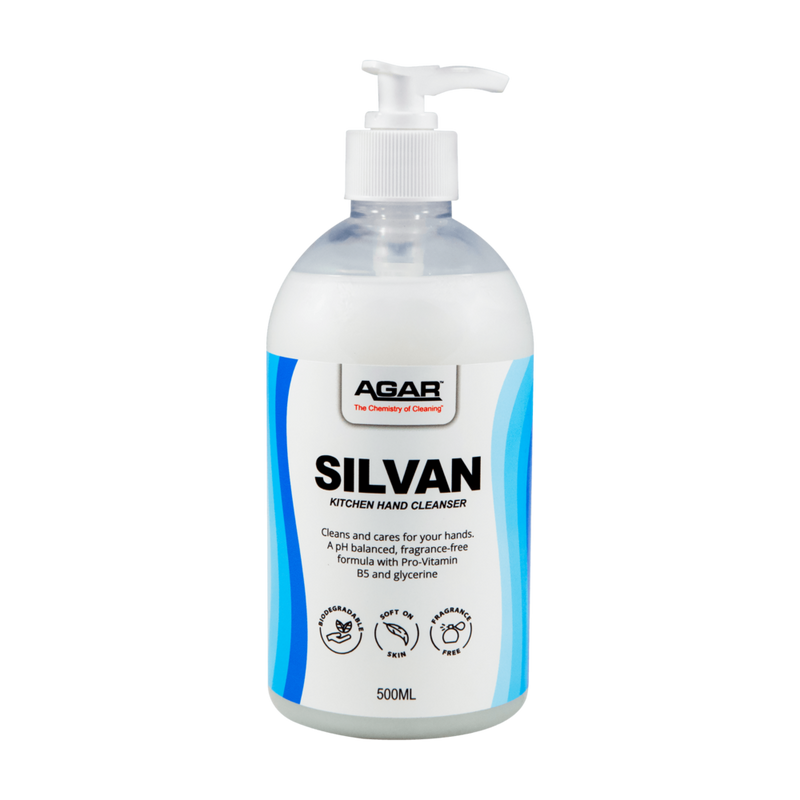Bottle of Agar Silvan kitchen hand cleanser on a white background