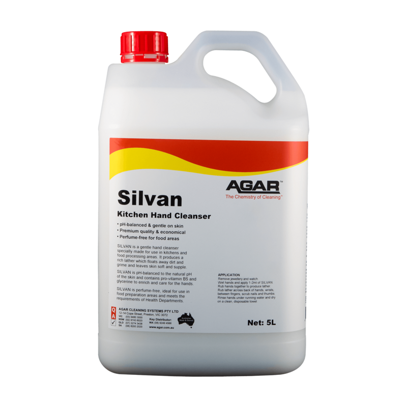 5L bottle of Agar Silvan Kitchen Hand Cleanser on a white background